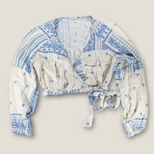 Maison d'Amélie Paris Linen Blend Wrap Top S Blue White Tile Print Crop Boho